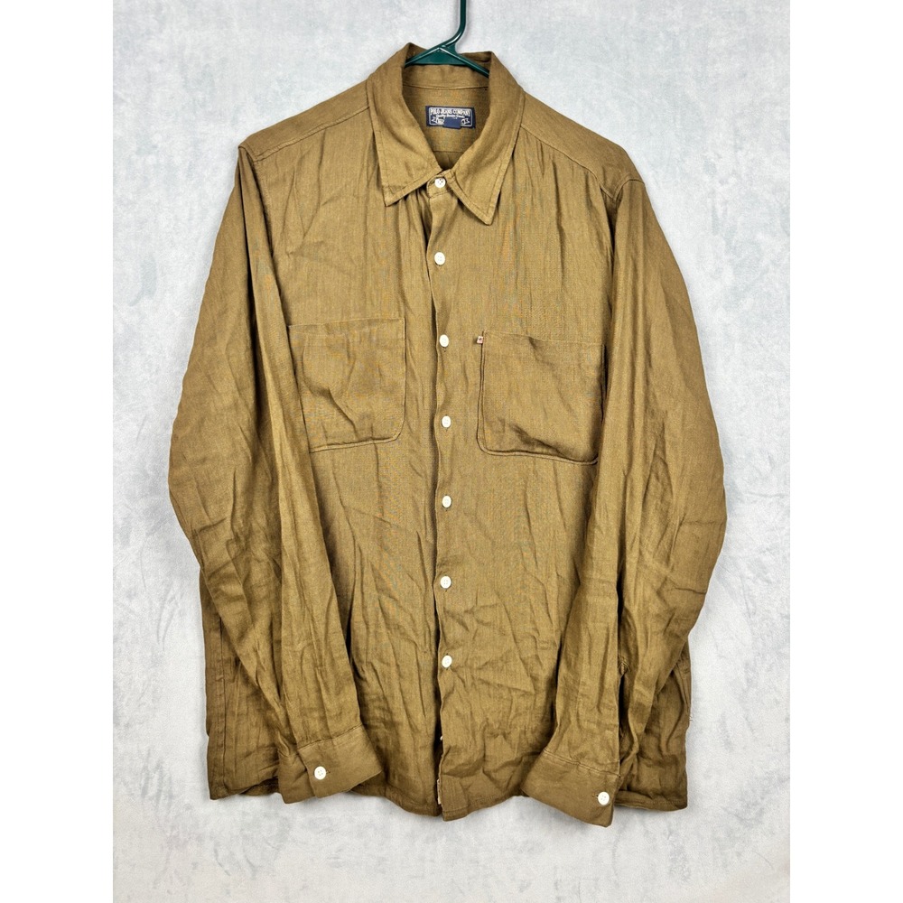 Polo Jeans Co Ralph Lauren Mens L Linen Blend Utility Button Down Shirt Green